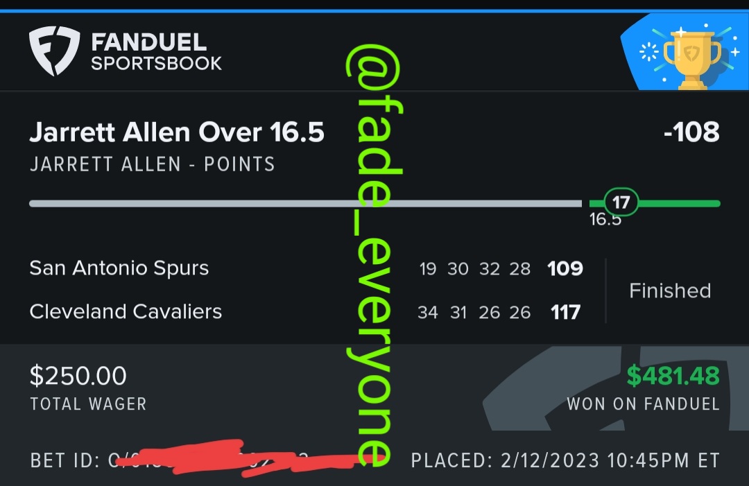 Fade_Everyone's tweet photo. "Cashed in on Jarret Allen over 16.5 points! π° +2.5 units π₯ Want more winning picks? Join our #FadeEveryone discord, it's free! π° You would've seen this pick dropped last night. π‘ #NBA #BettingCommunity" https://t.co/eRr5j3aQRi