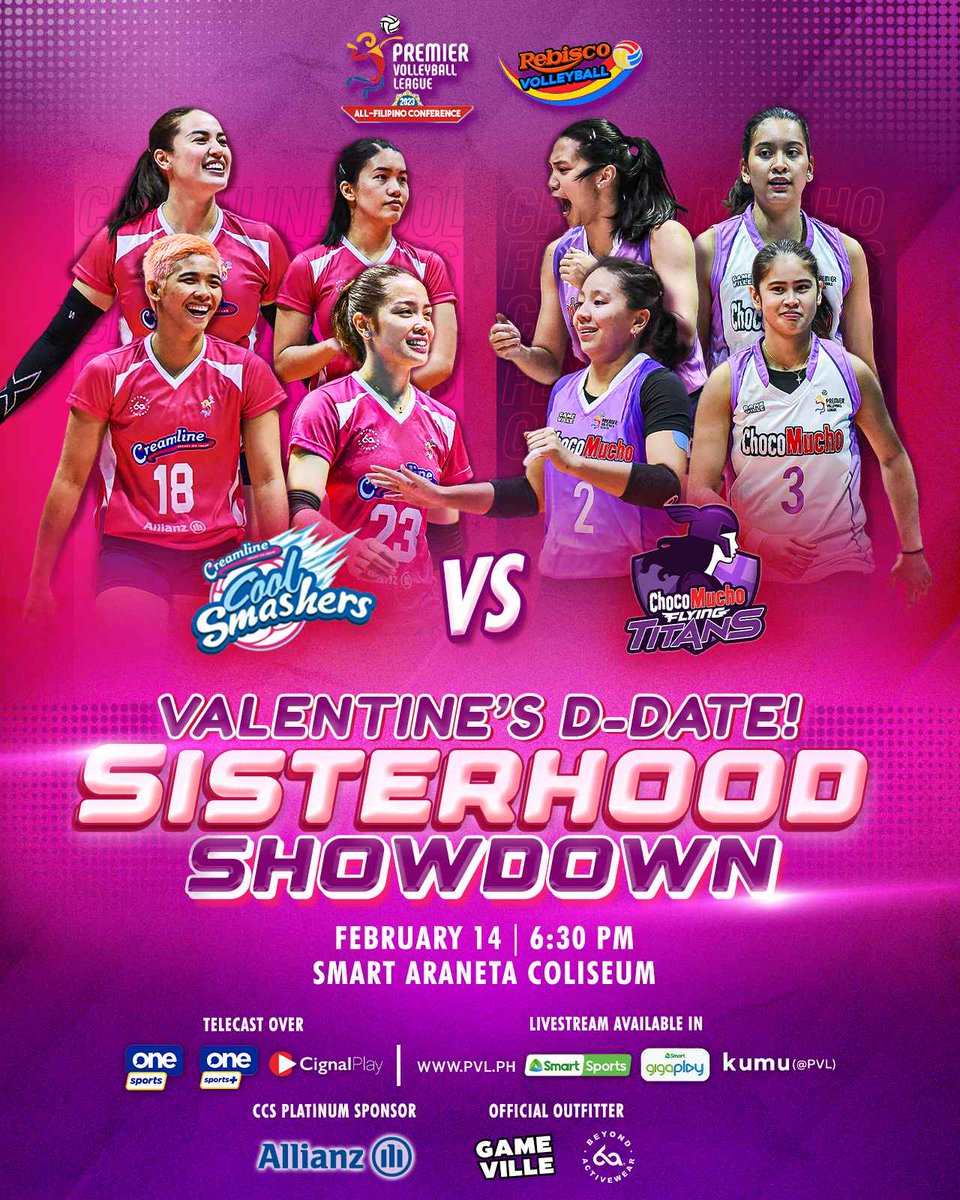 It's the sisterhood showdown you all have been waiting for! Watch and show them your love this Valentine's Day 💕  
#RebiscoVolleyballPH
#CreamlineCoolSmashers 
#ChocoMucho
#CMFT
#TitanPride
#CreamlineServeTheGoodVibes
#CreamlineCreamyIceCream