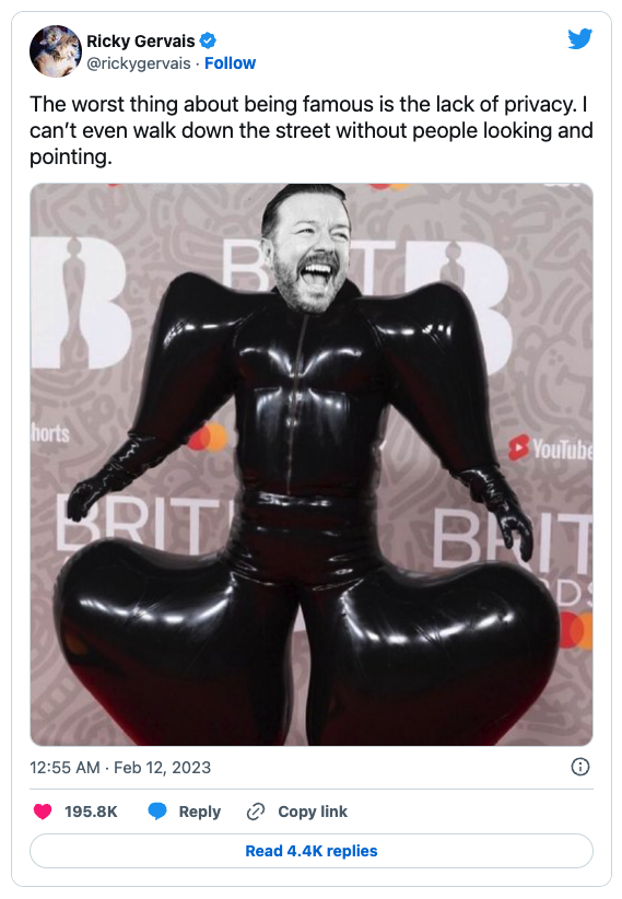 RT @SeriusBall: Ricky Gervais trolling Sam Smith... https://t.co/bIGQ29viFx