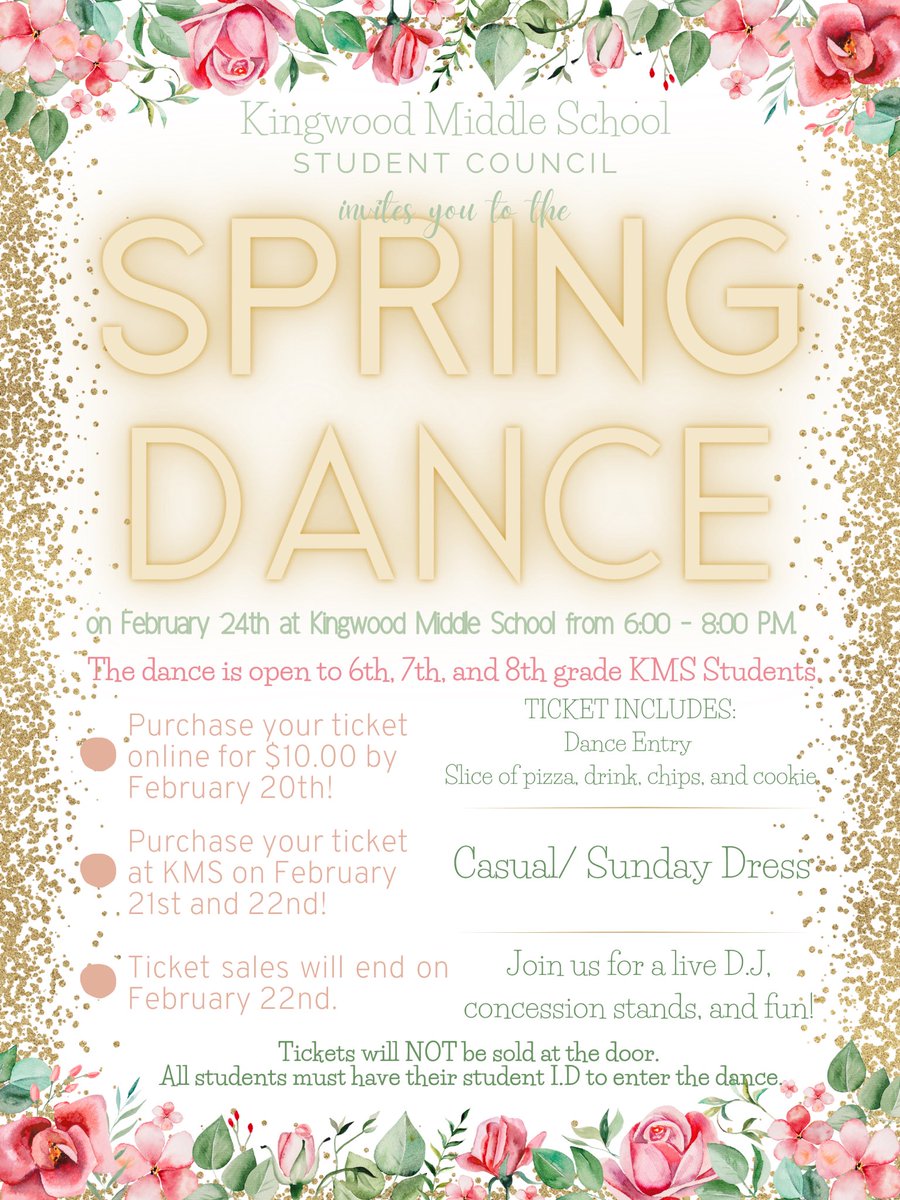 Cougars! Make sure you get your tickets for the Spring Dance on February 24th. Purchase your tickets using this link - humbleisd.revtrak.net/Kingwood-Middl… #KMSCougarPride
