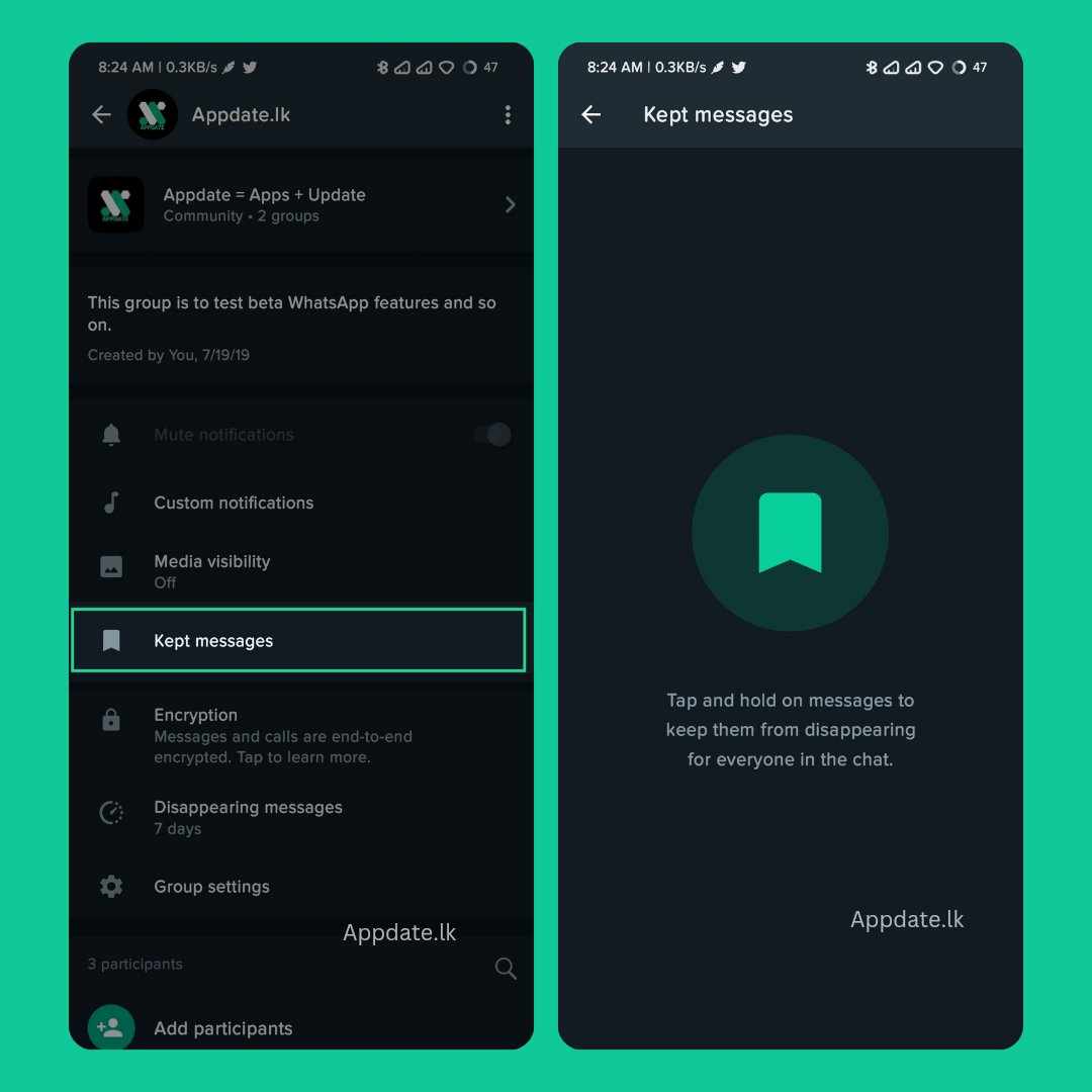SaadhJawwadh's tweet photo. WhatsApp testing "Kept messages" feature to let users keep specific messages from disappearing when Disappearing messages are on.

#WhatsApp #technology https://t.co/whfECLUQaa