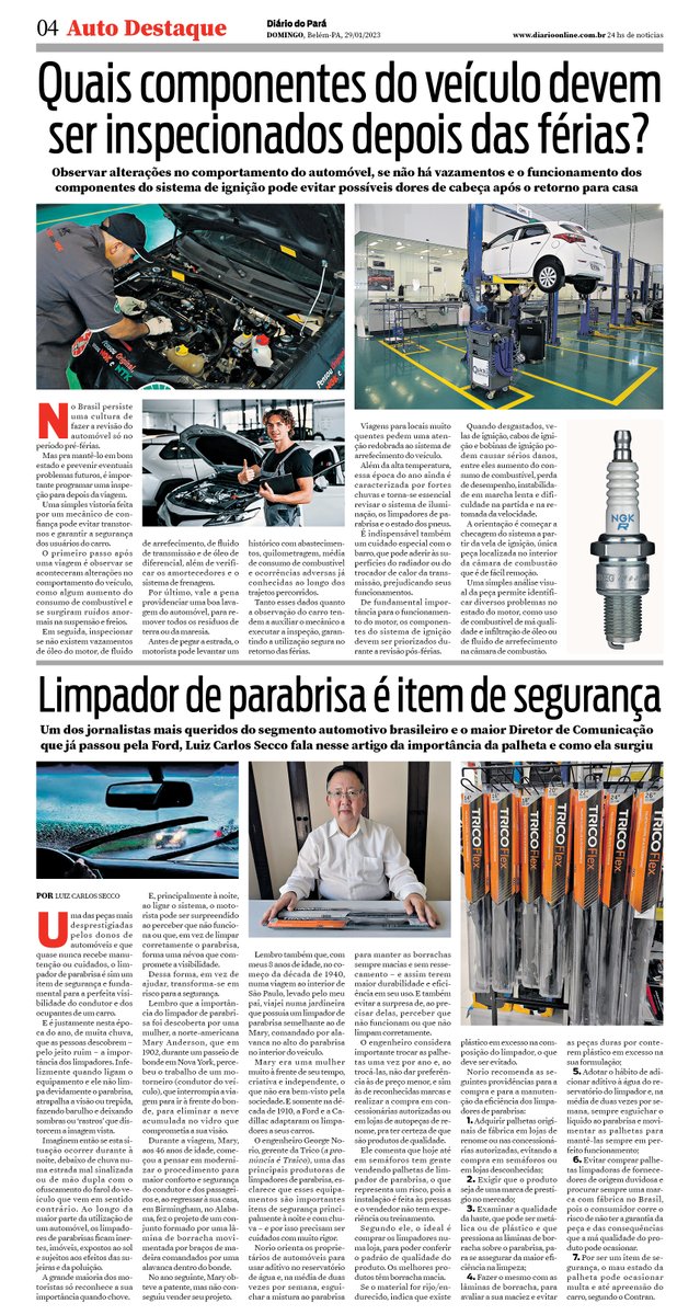 AutoDestaque's tweet photo. Quais componentes do veículo devem ser inspecionados depois das férias e a importância do limpador de parabrisa estão em matéria publicada no caderno Auto Destaque do Diário do Pará de 29/01/2023 #AutoDestaque #dicasautomotivas #revisãoautomotiva #manutençãoautomotiva #palheta https://t.co/wN6shIB7ff