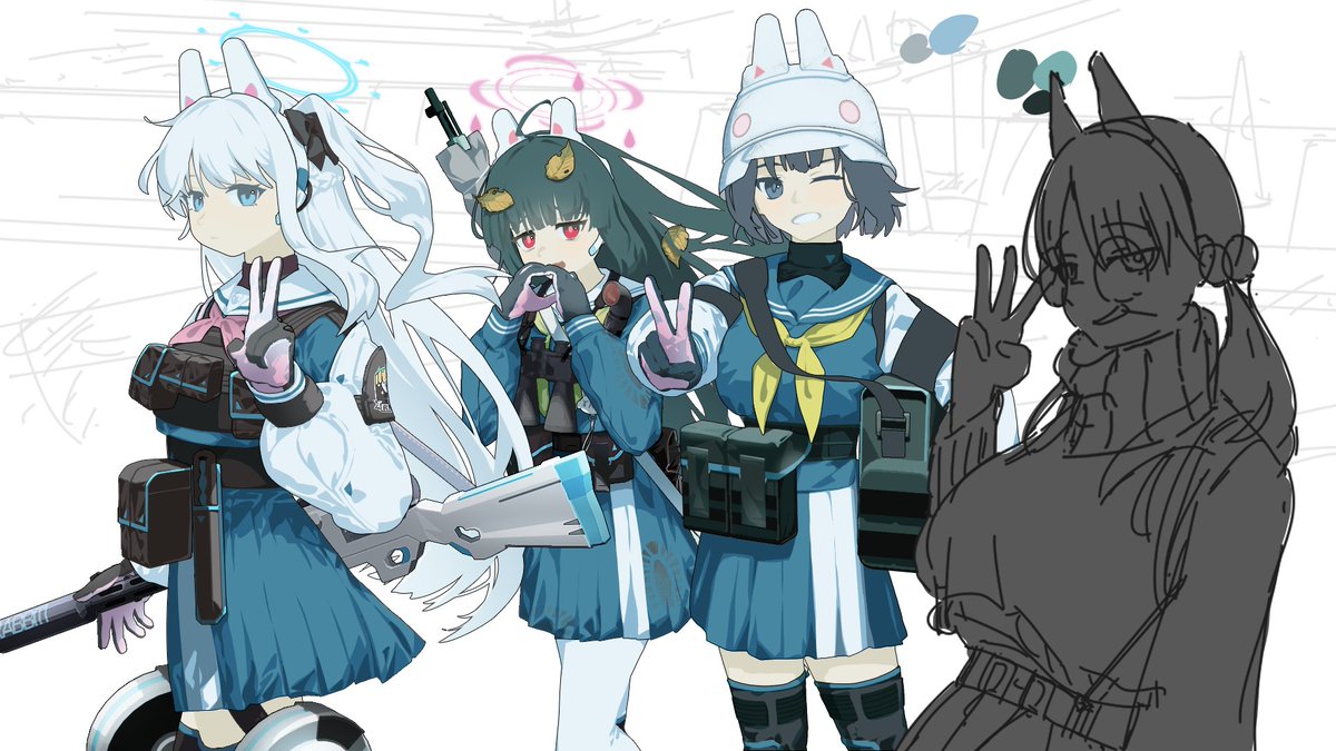 miyu (blue archive) multiple girls halo weapon school uniform v gloves gun  illustration images