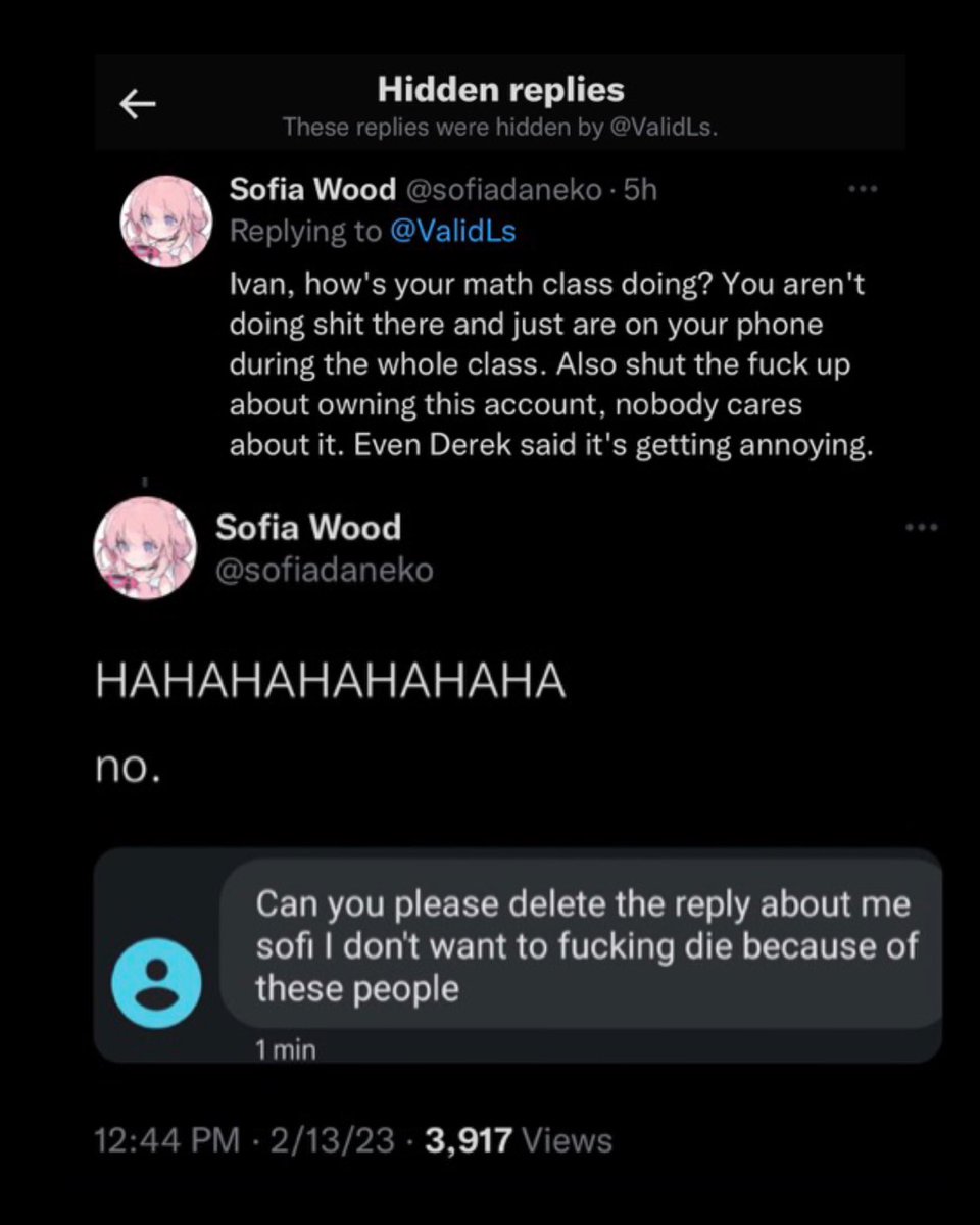 RightWingCope's tweet photo. The “”Valid” people taking L’s” Twitter account, which recent mocked and deadnamed a trans girl who was murdered, is now getting exposed by their classmate publicly.

Pretty much confirmed since they’re hiding all replies containing the name “Ivan” https://t.co/ekubnU5ytP