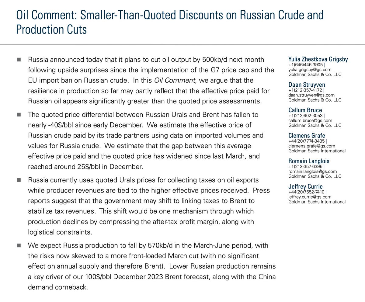 OpenSquareCap's tweet photo. Update from Goldman on oil, expects RU produx'n to fall by 570K bpd in March-June period.  Resilience so far thanks to India's higher imports, and effective price vs. quoted price narrowing.  Recent widening portends less revenue/profits for producers.  #oil #COM #OOTT #EFT https://t.co/e28hhPD4pT