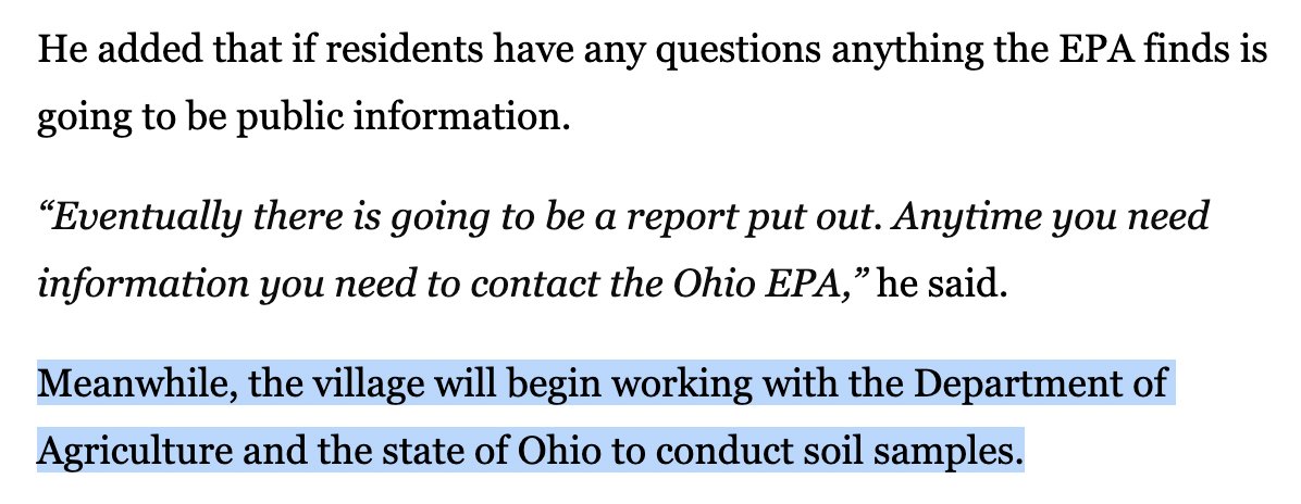 ddayen's tweet photo. If East Palestine is planning to "begin" to conduct soil samples, that means the state hasn't yet, five days after telling residents it's safe to return.
https://t.co/7t8tM6dSoh https://t.co/UZw5COy0Y5