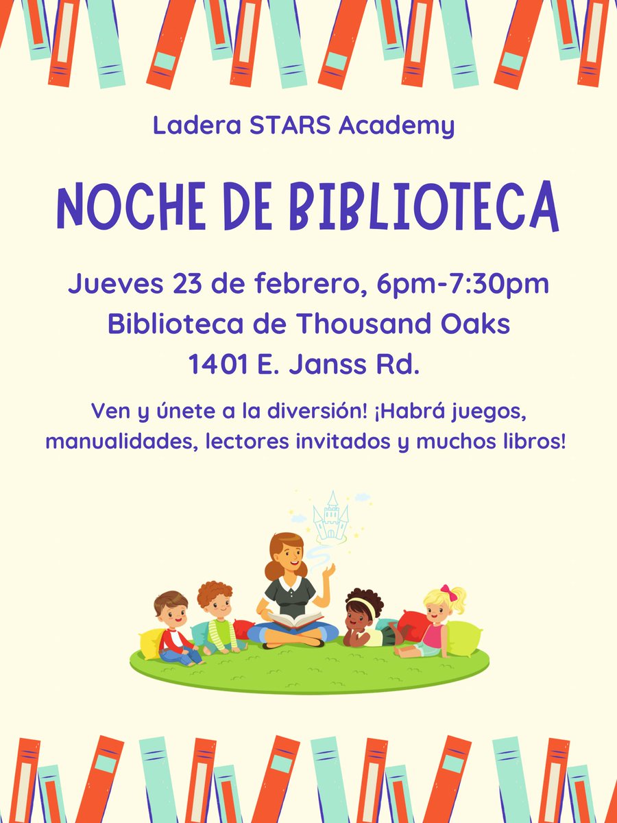 LaderaStars's tweet photo. Save the date - Library Night on Thursday, February 23 from 6:00 to 7:30 PM at TO Library. #laderastarsacademy🌟💙 #cvusdforward #librarynight https://t.co/hylkXHmCHy