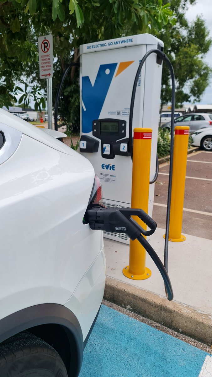 outbacktesla's tweet photo. Happy to help Tommy test Darwin's very first @EvieNetworks 50 kW DC fast chargers. Momentous day for the Top End and more NT sites rolling out soon! Big changes coming for NT EV owners. Huge congrats Evie 👏⚡🚘💯
#ElectricVehicles #1customer #thefuture https://t.co/TIM8EllrCP