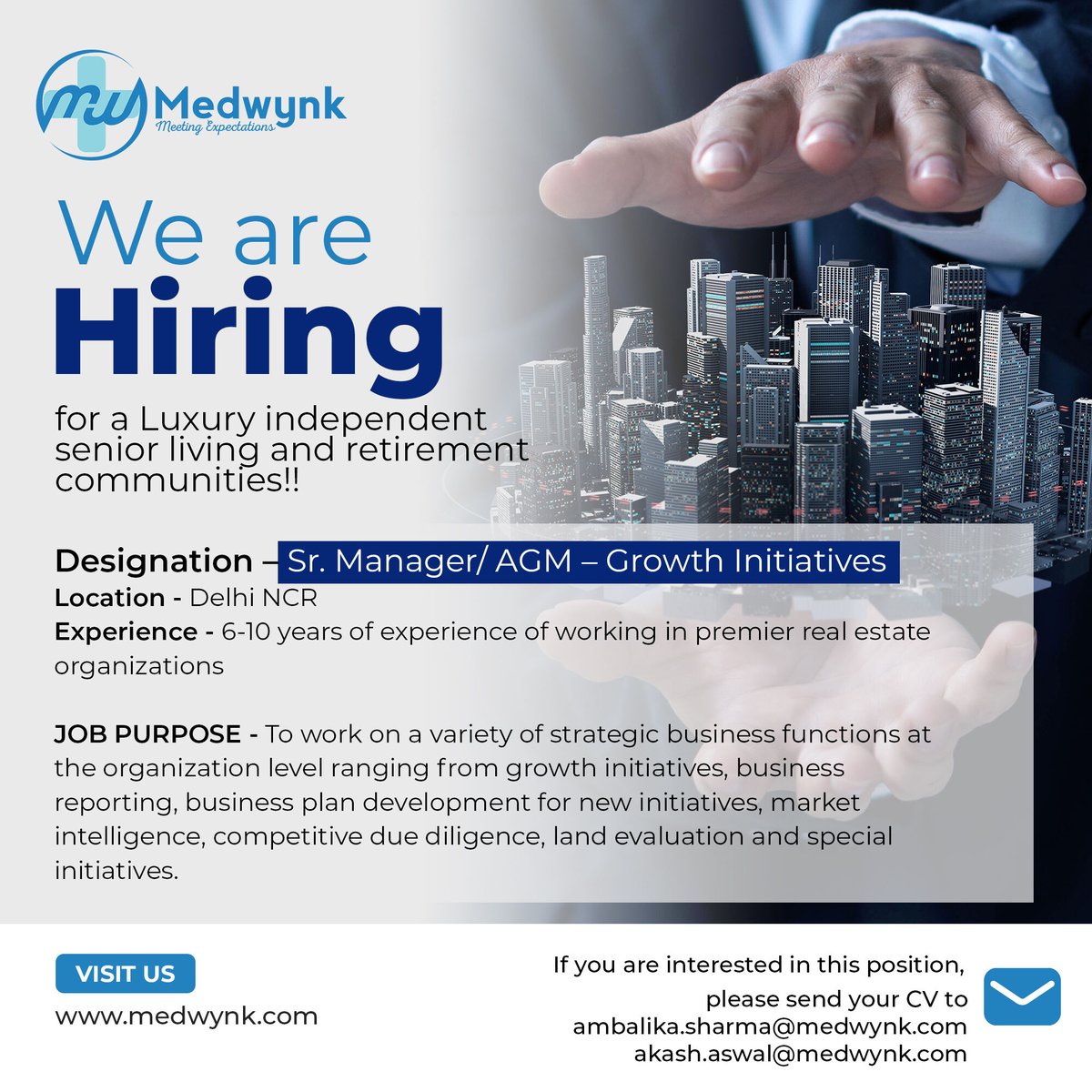 We are hiring for a Luxury independent senior living and retirement community!!

Connect for more info at akash.aswal@medwynk.com

#medwynk #corporategrowth #corporatestrategy #corporatefinance #realestate #valuation #businessgrowthstrategy