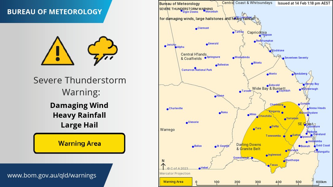 BOM_Qld's tweet image. ⚠️⛈️Severe Thunderstorm Warning issued for inland parts of #SEQ and the Darling Downs. Damaging winds, large hail and heavy rain possible over coming hours including #Kingaroy, #Toowoomba and #Gatton. bom.gov.au/qld/warnings/
