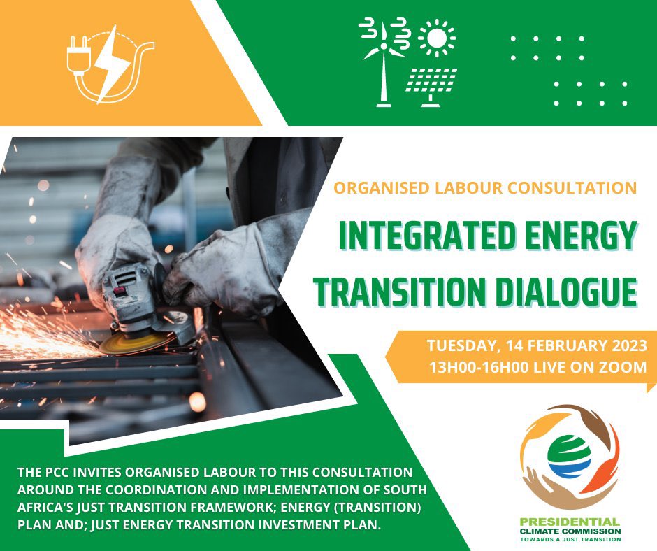 ClimateZA's tweet photo. ๐ขReminder! Register for our Integrated Energy Transition consultation with Organised Labour
๐๏ธToday at 13h00
๐ป Register: https://t.co/bd7vAR9L24
#justenergytransition #leavenoonebehind #jetip #energyplan #climatecommission #labour https://t.co/LXYsR3F1A5