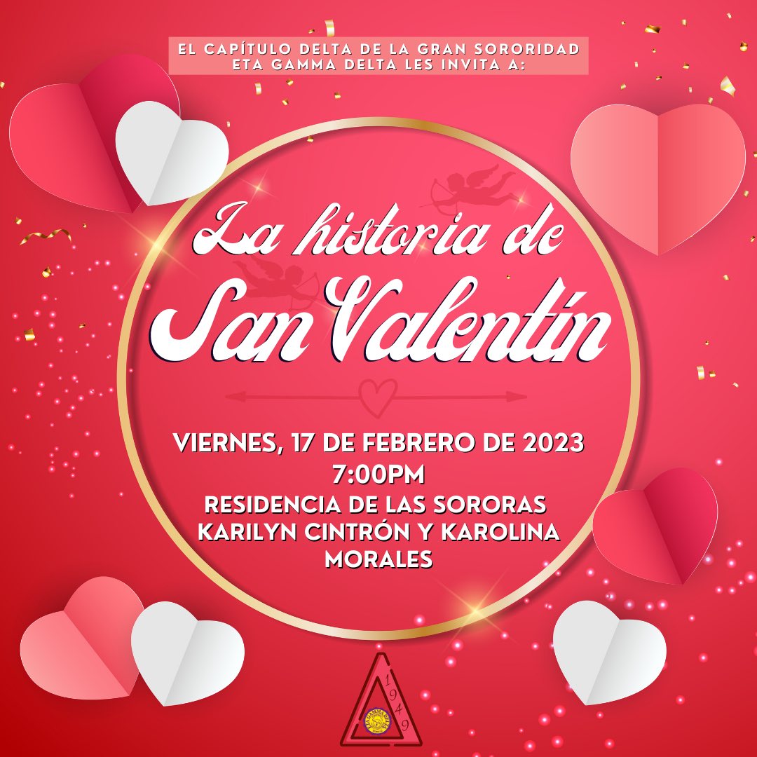 etagammadelta1's tweet photo. El Capítulo Delta de la Gran
Sororidad Eta Gamma Delta les invita a sus actividades del mes de febrero. ✨

La historia de San Valentin 💌

Care Lunch 🍽️💞

Painting Beach Day 🏖️🎨
Favor de llenar el google form y enviar su donativo a: Paola Lugo Tesorera Cap. βeta (787) 422-8176 https://t.co/kapJYa8vhL
