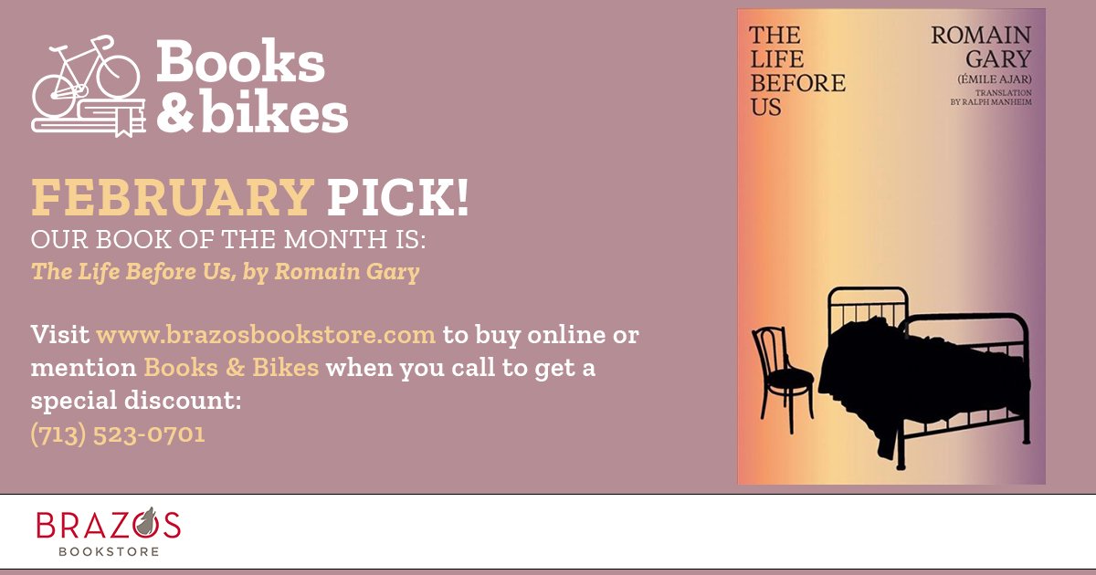 BooksBikes1's tweet photo. FEBRUARY PICK!
OUR BOOK OF THE MONTH IS: 
The Life Before Us, by Romain Gary
 
Visit https://t.co/eEx3UEvz7E to buy online or mention Books &amp; Bikes when you call.

@BlueLineBikeLab 
@BrazosBookstore https://t.co/F7yZzpWVG2