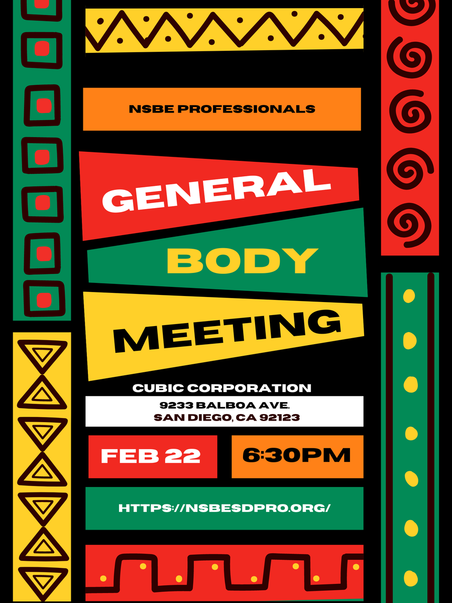 nsbesdpro's tweet photo. Happy Black History Month! 
We will be hosting a general body meeting for NSBE San Diego Professionals on the 22nd this month. We will be having an African theme to celebrate. Try to wear any African attire you may own! https://t.co/e0Wk8FJoR0