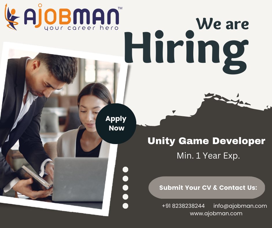 HIRING! #UnityGameDeveloper
Min. 1 Year Exp.
Apply Now!
💯% #JobPlacement
👉Terms & condition apply
Send your CV & Contact Us more Detail: - 
📲+91 8238238244
📧 info@ajobman.com
🌐visit now ajobman.com
#unitydeveloper #gamedeveloper #jobvacancy2023 #jobvacancyalert