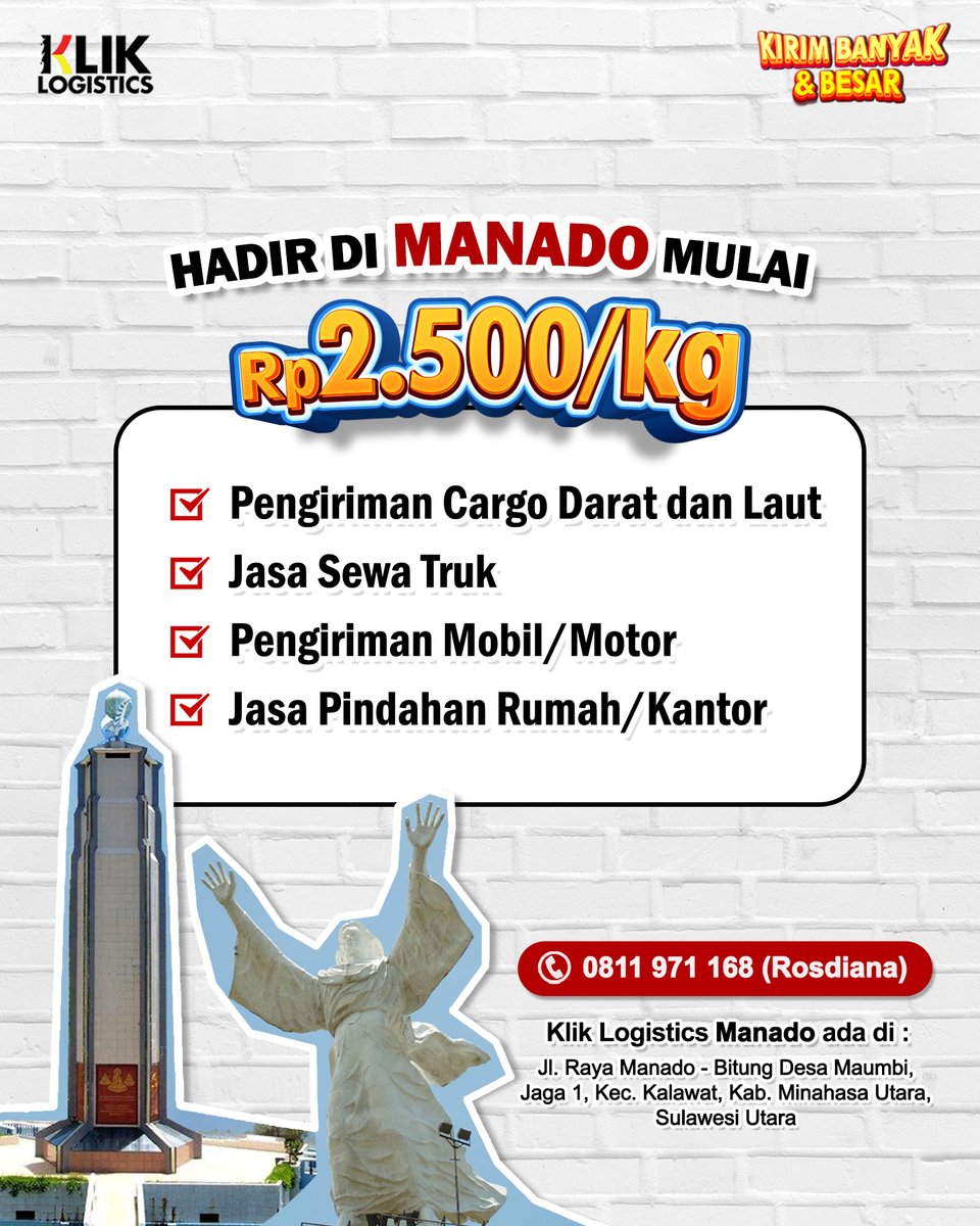Siap Kirim Banyak dan Besar dari Manado ke Seluruh Indonesia mulai dari Rp 2.500/kg. 

Hubungi :
0811 971 168 (Rosdiana)

#jasaekspedisi #sewakontainer #pengirimankontainer #kirimmobil #sparepart #kirimmotor #infomanado #kabarmanado #manadohits