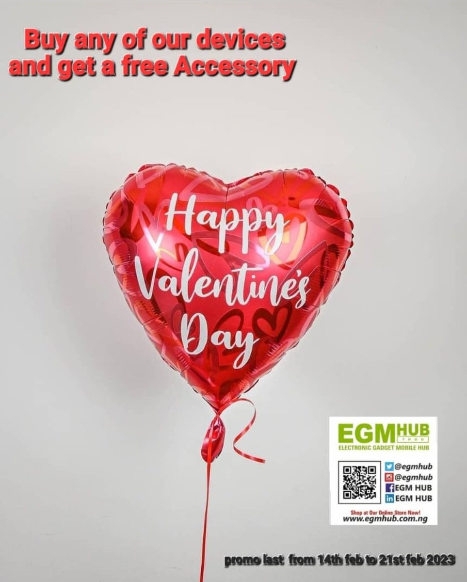 egmhub's tweet photo. VALENTINE PROMO!! ❤️

There is love ❤️ in the air, we love you so much. our esteemed customers 💖 😍 we are offering you a wonderful VALENTINE promo ✨️

BUY ANY DEVICE AND GET A FREE ACCESSORY 🎁 💫 
Visit any EGMHUB store today. Offer last from 14th feb- 21st feb 2023💥 https://t.co/PVGNSke06b