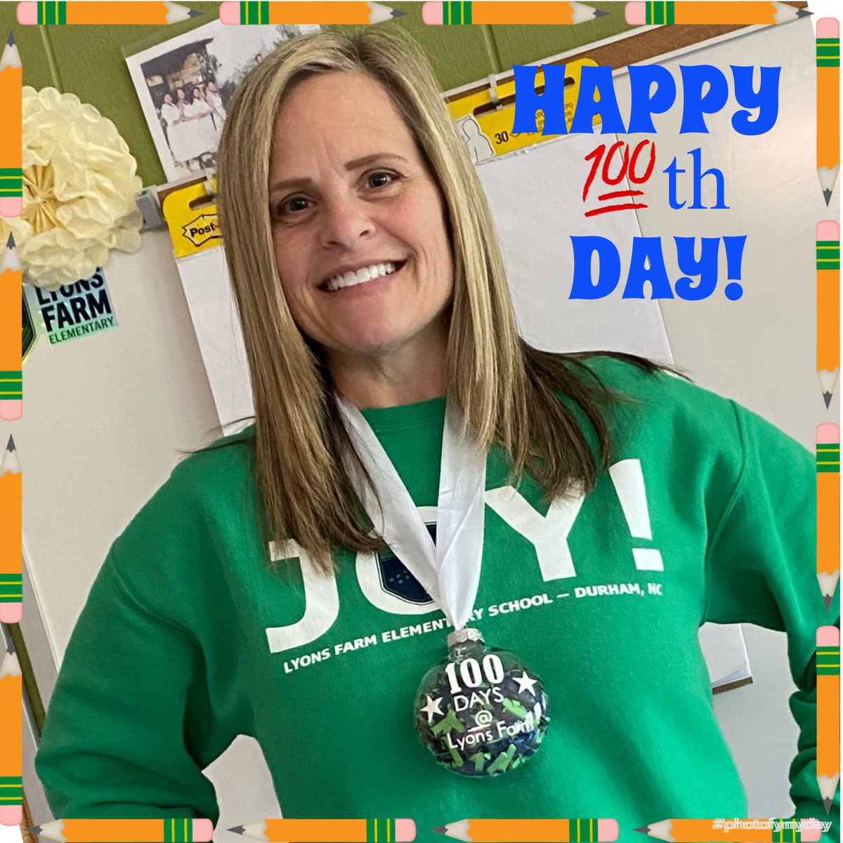 x2Marcin's tweet photo. Hooray for the 💯th Day of School! I absolutely love Lyons Farm and am excited about all the amazing things happening here! 💚🦁💙 #ThePride #LFES https://t.co/efJbLnWGic