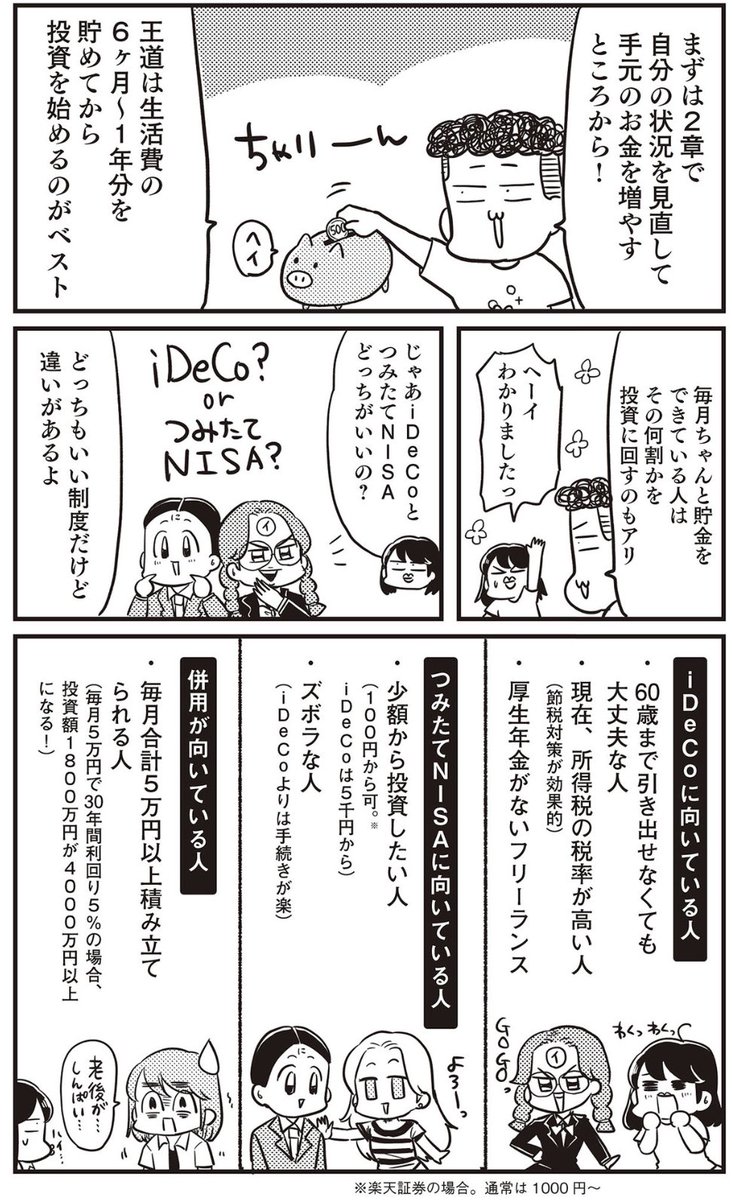 iDeCoと積立NISA、貯金管理が出来ない方にはマジでおすすめです。
(個人事業主は小規模共済も!!!)

書籍の内容は、ほぼ全ページ漫画で、
優しい解説に「めんどくせー」って返事してしまうギャグタッチです。そうです私の心の声が全てダダ漏れてしまっています。

iDeCoは節税にもなります! 