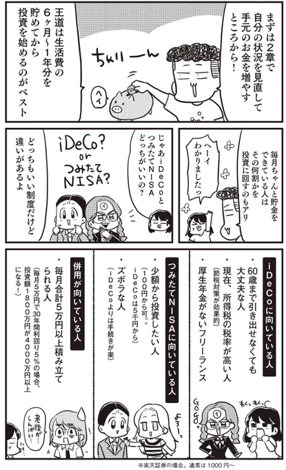 iDeCoと積立NISA、貯金管理が出来ない方にはマジでおすすめです。
(個人事業主は小規模共済も!!!)

書籍の内容は、ほぼ全ページ漫画で、
優しい解説に「めんどくせー」って返事してしまうギャグタッチです。そうです私の心の声が全てダダ漏れてしまっています。

iDeCoは節税にもなります! 