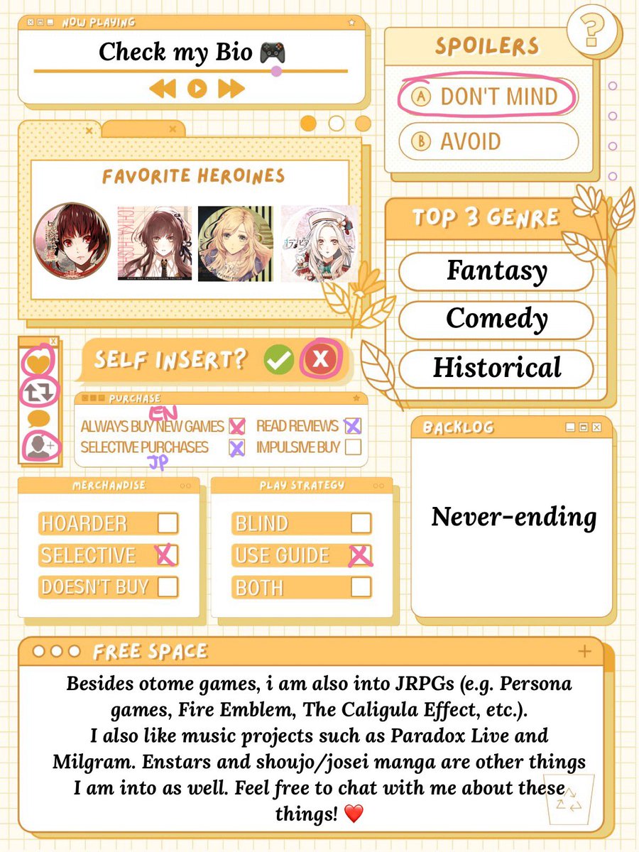 pompomanri's tweet photo. It’s been a while so I decided to update my otome intro!

As you can tell, I am a cinnamoroll enjoyer. I tend to like the pretty and cute characters.

I am also into a lot of other things besides otome so feel free to talk to me about those as well! 

#otometwtintro https://t.co/ZT2h26sO0g