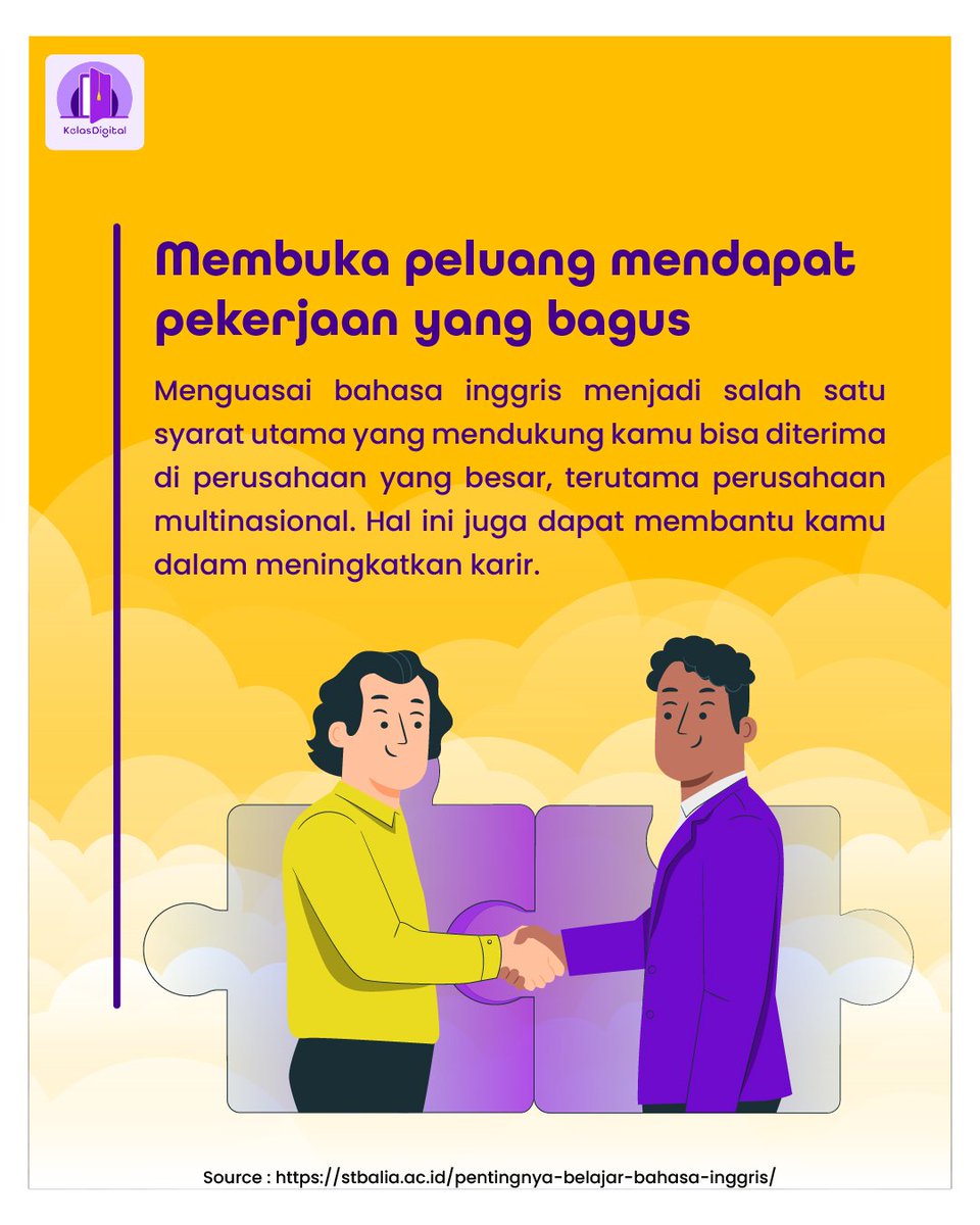 kelasdigital_id's tweet image. Di era modern seperti sekarang, tidak bisa bahasa inggris artinya ketinggalan zaman!

Jangan sampai kamu jadi salah satu di antara mereka yang gak bisa bahasa inggris, ya! 

Kelas Digital bisa memudahkan kamu belajar. Download sekarang!

#KelasDigital #LearningSharingCollaborate