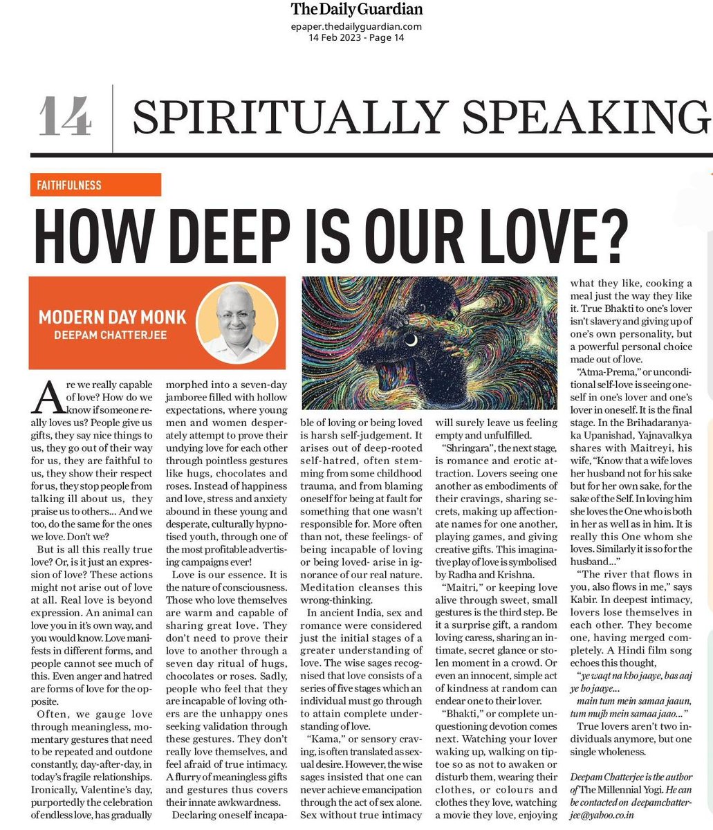 deepamjee's tweet image. My #weekly #column The #MODERN  #day Monk in The Daily Guardian today is about #faith and #Love and #ValentinesDay . epaper.thedailyguardian.com/view/167/tdg-1…