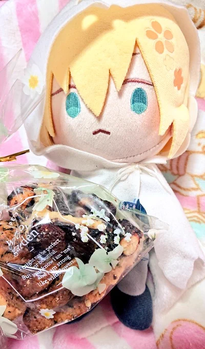山姥切国広に手作りのチョコフロランタンと藤の紅茶クッキーを渡しました('>///<`)美味しいって言ってくれたちょっと粉っぽく見えるのは、不注意で落としてしまったからです(*꒦ິ꒳꒦ີ) 