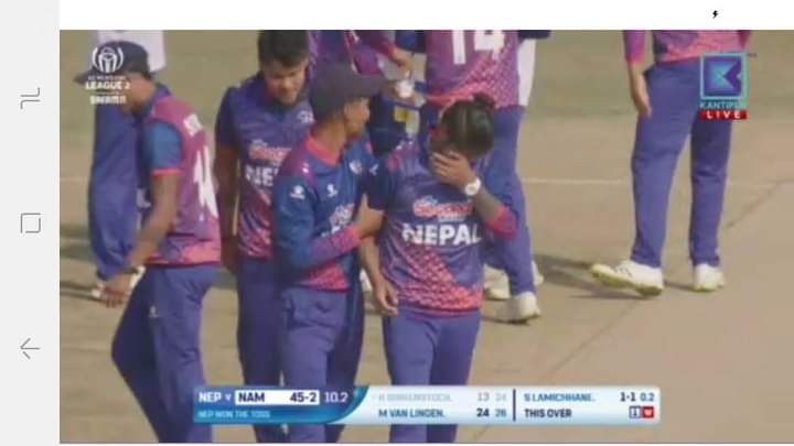 Sandeep Lamichhane Is Back. 🔥 The Very First Wicket in His 2nd Ball.& The Tears.❤️🙏
#NepalVsNamibia #SandeepLamichhane