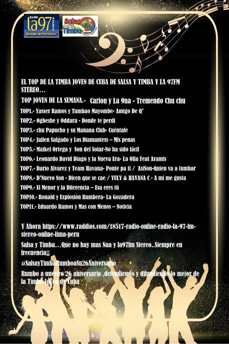 salsaytimbaperu's tweet photo. EL TOP DE LA TIMBA JOVEN DE CUBA DE SALSA Y TIMBA Y LA 97FM STEREO…de esta semana del 13 al 15 de febrero del 2023
TOP JOVEN DE LA SEMANA.- Carlon y La 9na - Tremendo Chu chu 
TOP1.- Yasser Ramos y Tumbao Mayombe- Amigo De Q'  
TOP2.- @ogbesheyoddara   - Donde te perdi https://t.co/nv1S1PuzFB