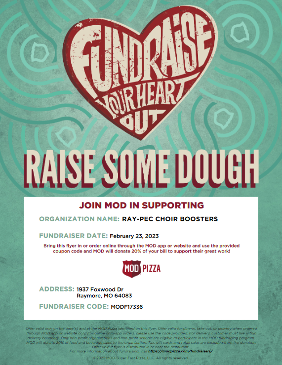 RPSings's tweet photo. Help us raise some dough!!  MOD Pizza: Thursday, Feb 23rd.
Come out to the Raymore MOD Pizza on Thursday, Feb 23rd for some great pizza and 20% of your bill goes to support RPSings.
Use the attached flyer or order online with the code: MODF17336 https://t.co/DOm7dPg9ZA