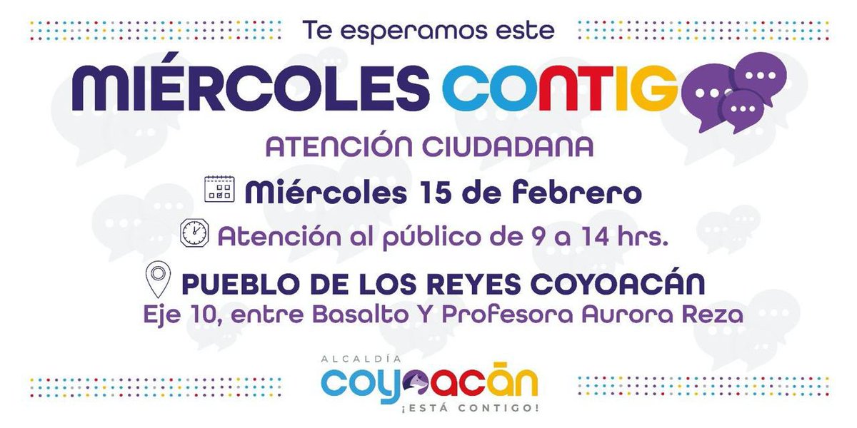 Alcaldia_Coy's tweet photo. Te recordamos que este miércoles tienes una cita con nosotros. 

Te esperamos en el Pueblo de Los Reyes. 

🕜 Estaremos atendiendo hasta las 14 h
¡Te esperamos! 🤝

#ContigoSomosImparables https://t.co/KFU0vGnnf8