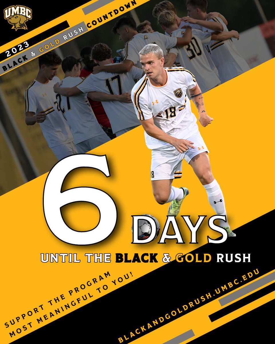 UMBCAthletics's tweet image. 6 days and counting! #blackandgoldrush is almost here. @umbcmenssoccer is looking to score 200 donors this year. 

Show your support at blackandgoldrush.umbc.edu
#BlackandGoldRush #UMBC #UMBCproud