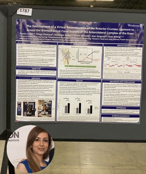 Poster 1787 (poster session 2) 
Samira Vakili (here in spirit!) - The Development of a Virtual Reconstruction of the ACL to Assess the Biomechanics Contributions of the Anterolateral Complex of the knee #ORS2023