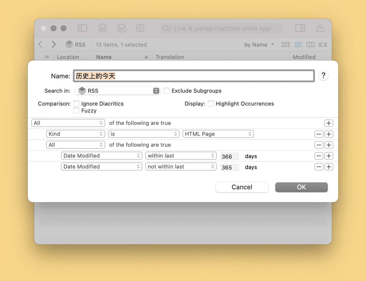 Minja_Rin's tweet image. DEVONthink x RSS 又添新用法：历史上的今天。
利用 smart group 规则，制作一个“历史上的今天”文件夹，在 #DEVONthink 中查看去年今日、前年今日或其他特定时间读过的 #RSS 文章。
（简直是黑历史啊为什么我当年会看这种东西啊 QAQ）
