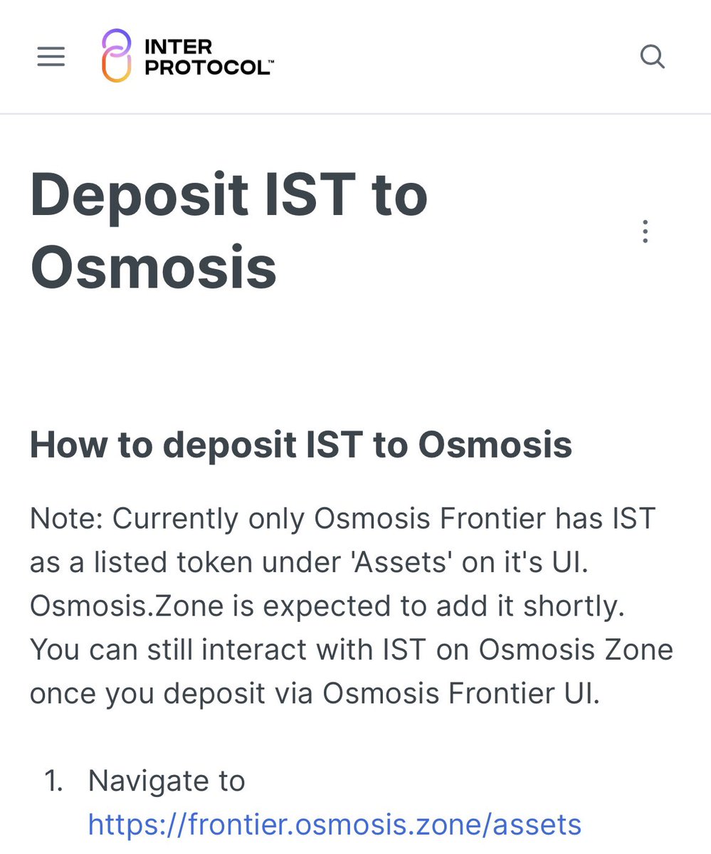 <a href="/inter_protocol/">Inter Protocol</a> <a href="/osmosis/"></a> Just noticed the docs guide for depositing $IST into <a href="/osmosis/"></a> is due for an update. $IST is supported on the Osmosis main site now.