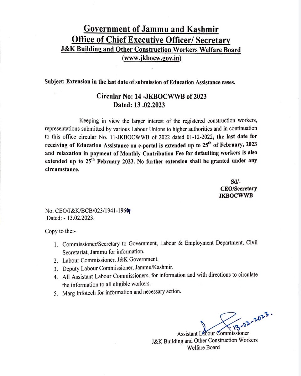 Asstt. Labour Commissioner Kishtwar (@alckishtwar) on Twitter photo Extention of last date for Applications of Education Assistance upto 25th Feb 2023.
JK Labour #labourdepartment
<a href="/dckishtwar/">Deputy Commissioner Kishtwar</a> @BDOInderwal <a href="/DICKishtwar/">Information & PR, Kishtwar</a> <a href="/JKishtwar/">JK MEDIA KISHTWAR</a> <a href="/Dilsekishtwar/">Dil Se Kishtwar 🇮🇳</a> @Kishtwar_11 <a href="/AngrejSinghKAS/">Angrej Singh Mankotia (KAS)</a> <a href="/anoopkumarjk/">Anoop Kumar</a> <a href="/Devansh_IAS/">Devansh Yadav</a> Extention of last date for Applications of Education Assistance upto 25th Feb 2023.
JK Labour #labourdepartment
<a href="/dckishtwar/">Deputy Commissioner Kishtwar</a> @BDOInderwal <a href="/DICKishtwar/">Information & PR, Kishtwar</a> <a href="/JKishtwar/">JK MEDIA KISHTWAR</a> <a href="/Dilsekishtwar/">Dil Se Kishtwar 🇮🇳</a> @Kishtwar_11 <a href="/AngrejSinghKAS/">Angrej Singh Mankotia (KAS)</a> <a href="/anoopkumarjk/">Anoop Kumar</a> <a href="/Devansh_IAS/">Devansh Yadav</a>