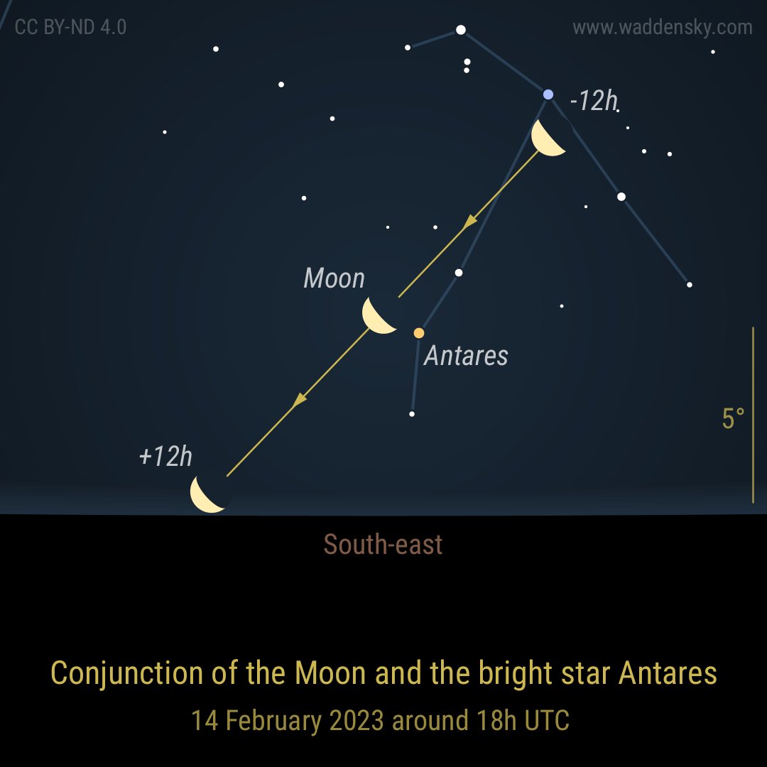 waddensky's tweet photo. Conjunction of the Moon and the bright star Antares on 14 February 2023 around 18h UTC #conjunction #alignment #moon #antares #star #planet #stargazing #astronomylove #celestialmap #astronomylover #astronomy https://t.co/nGIHa6oTSW