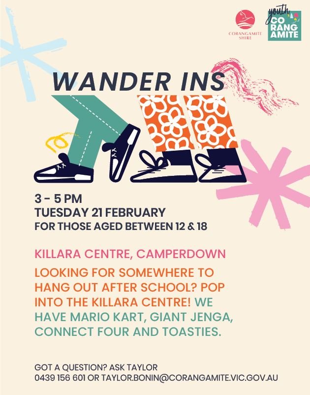 Young people in Corangamite are invited to come and hang out at pop up “Wander In” spaces across the Shire. Click here to find our more: go.vic.gov.au/3RYGZxn #CorangamiteShire #Youth