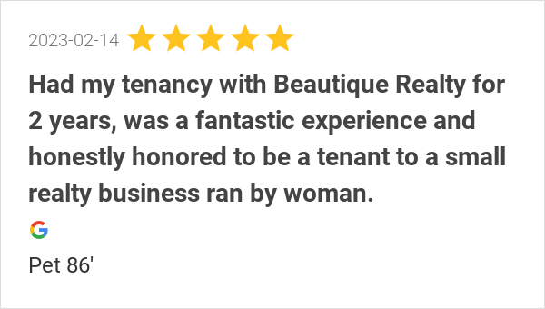 BeautiqueRealty's tweet photo. New 5.0-star Review: "Had my tenancy with Beautique Realty for 2 years, was a fantastic experience and honestly... https://t.co/KmBqlshfvh