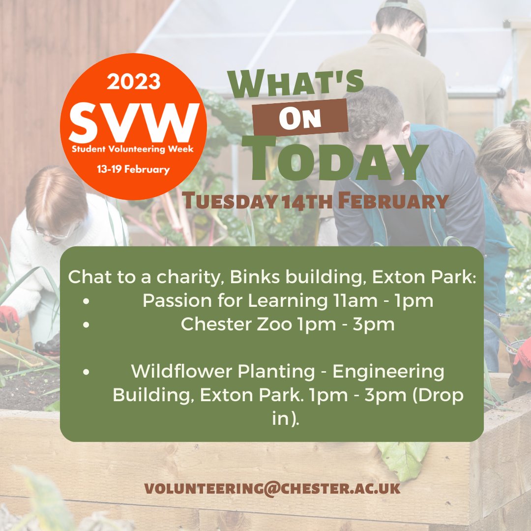 🎉 What’s on today:

Today we have two opportunities to “Chat to a Charity” at Exton Park, Binks Building.

11am-1pm: Passion for Learning and 1pm- 3pm: Chester Zoo. 

Plus, join us for wildflower planting anytime between 1pm - 3pm at the new Engineering Building on Exton Park.