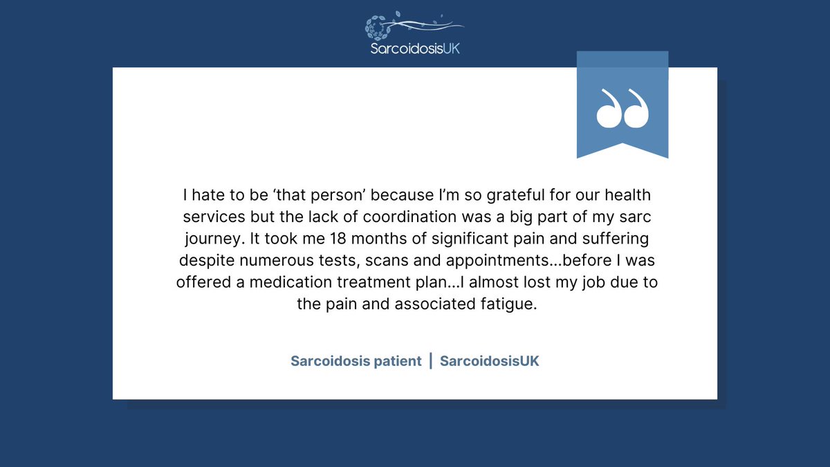 Coordinated care would make such a difference to sarcoidosis patients' lives. Many of the people we support express frustration with the way their care is managed and the significant impact this has on them #CareForRare BF
