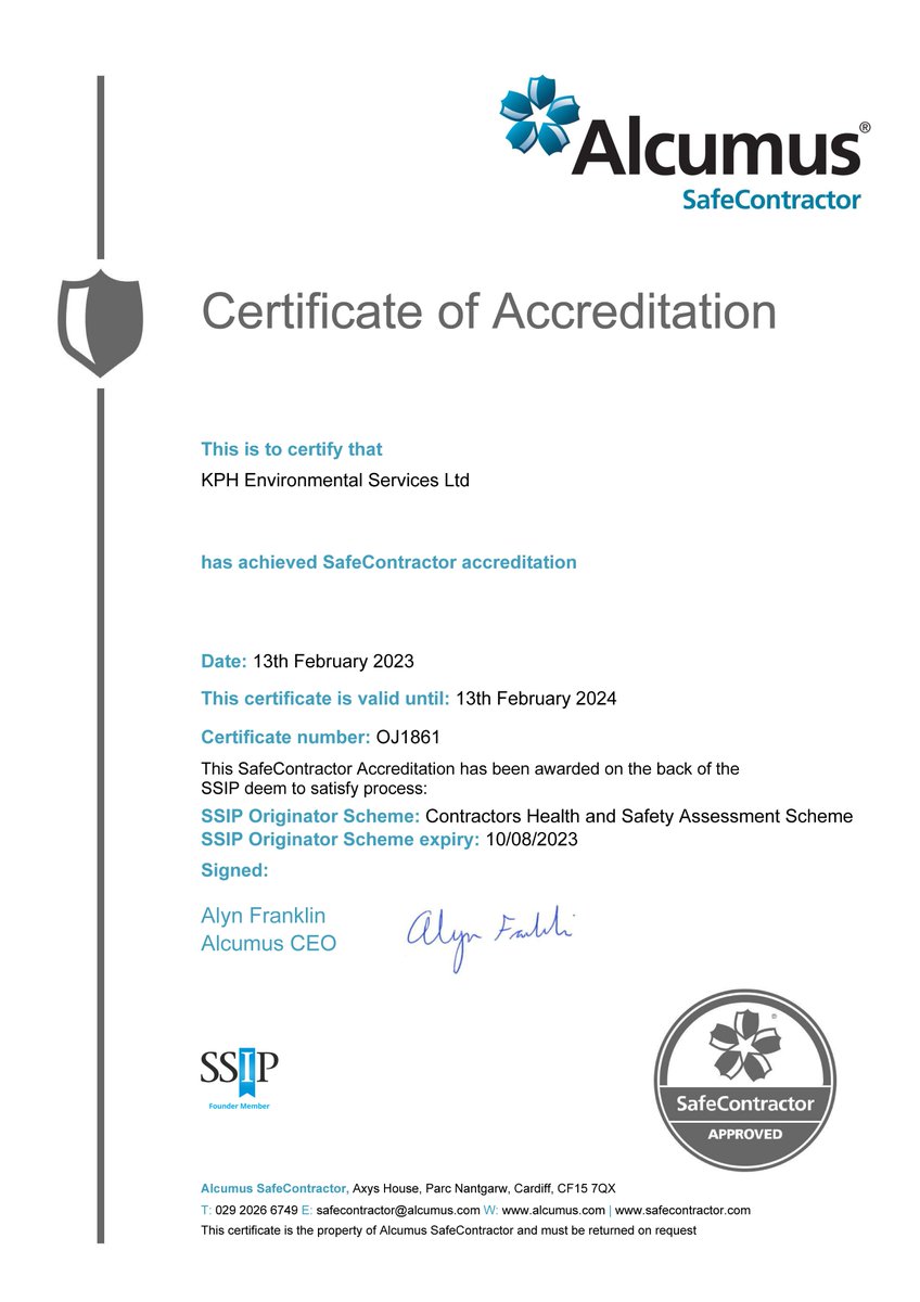 Great news! We have successfully renewed our SafeContractor Accreditation for another year!

We are committed to #healthandsafety, #compliance and #riskmanagement and are proud to demonstrate an excellent standard of competency.

#safecontractor #accreditation #alcumus #ssip