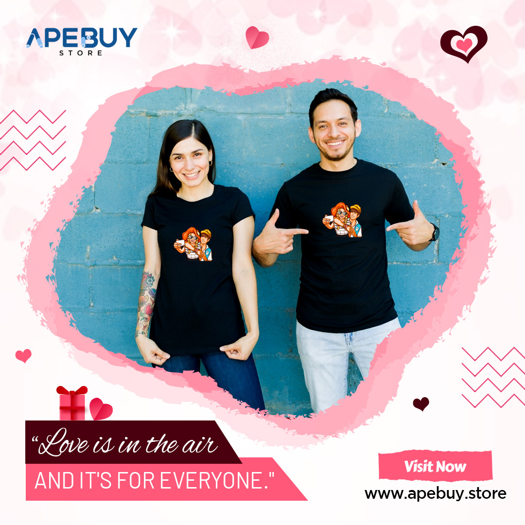 Looking for a unique and meaningful gift this #ValentinesDay? Choose from special designs, photos, names and more to show your #love. #ApeBuy #CustomTShirts #CoupleStyle #happyvalentinesday2023 #ValentinesGift #CustomTShirts #LoveWears #HisAndHers #tshirtdesign #valentinetshirts