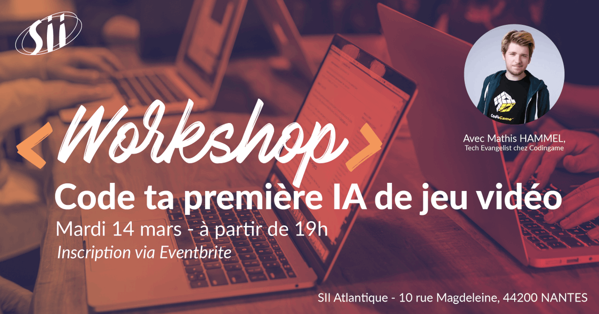 Viens coder ta première IA de jeu vidéo ! 🎮

📅Le mardi 14 mars
🕐À partir de 19h
📍10 rue Magdeleine, 44200 NANTES
🗣️Présenté par <a href="/MathisHammel/">Mathis Hammel</a> 
💻Java, JavaScript, Python, C++, etc.
🍕Pizzas, boissons et cadeaux à gagner