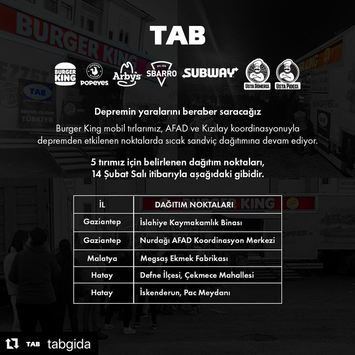 İlk günden beri yetkili kurum ve kuruluşlarla koordineli yürüttüğümüz desteklerimizi sürdürüyoruz. 14 Şubat Salı itibarıyla 5 tırımız ile belirlenen noktalarda sıcak sandviç dağıtımına devam ediyoruz . Depremin yaralarını beraber saracağız.