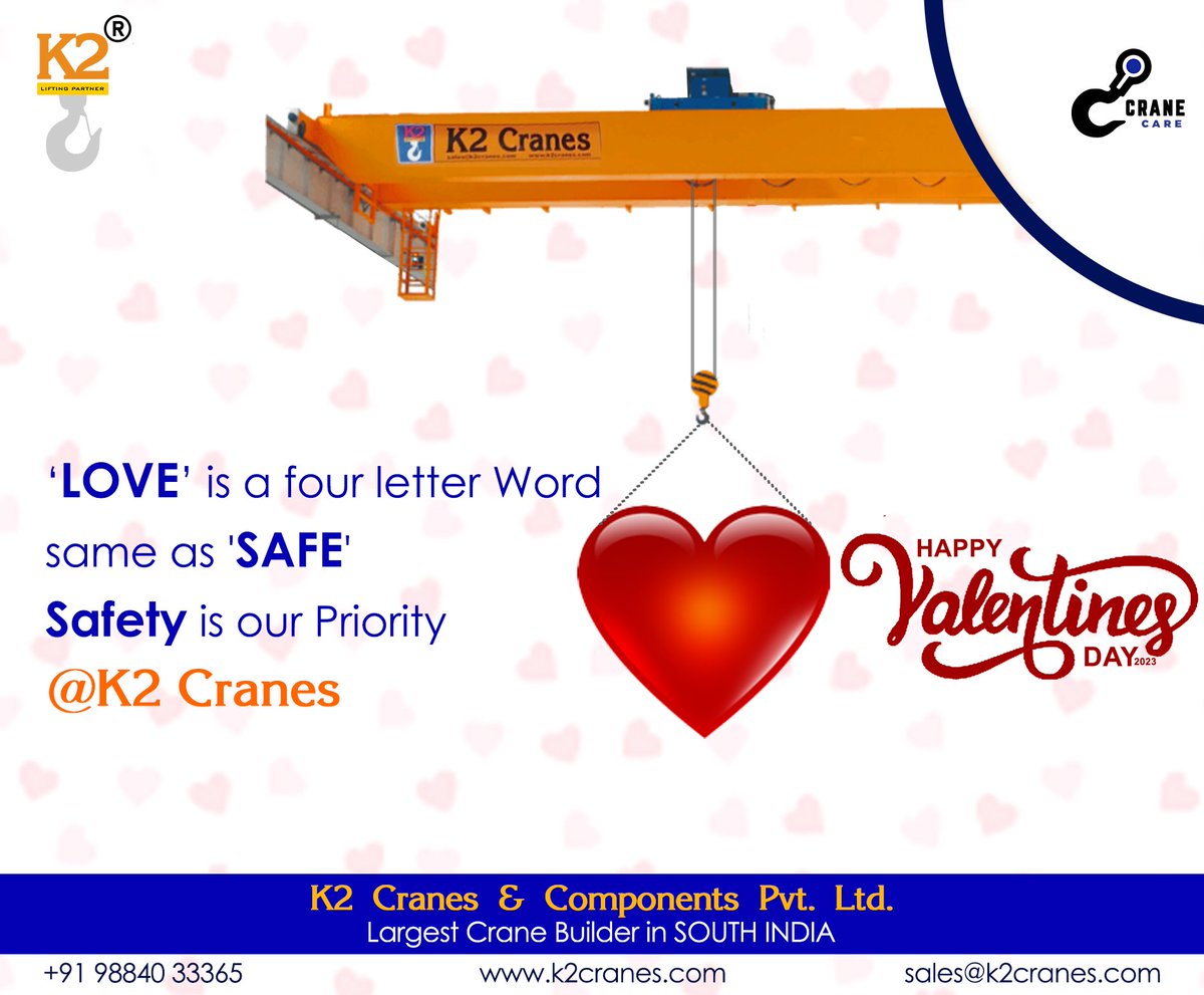 CraneCare1's tweet photo. ‘LOVE’ is a four-letter word same as 'SAFE' Safety is our Priority Ktwo Cranes! Wishing you all a happy Valentine's day 2023!!
#valentinesday #valentinesday2023 #sendinglove #wishingcustomers #EOT #EOTcranes #cranecomponents #cranecare #wishesfromK2cranes #lifting #liftingpartner https://t.co/bRkgc0ziMa