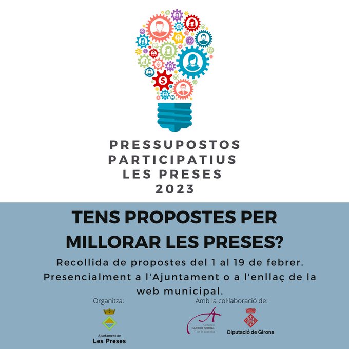 lespreses_cat's tweet photo. 💡Tornem a treballar amb els pressupostos participatius.
Tens propostes per millorar les Preses?📝Recollida de propostes del 1 al 19 de febrer.
Pots fer-ho presencialment o a través de la web de l'Ajuntament. 
https://t.co/p2mvrmjoqc https://t.co/9OCtIMlsdx
