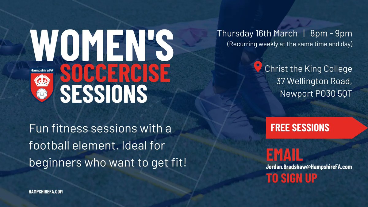Add a football element to your exercise routine! Free-to-access weekly sessions on the Isle of Wight 

Hampshire FA are delivering a new set of sessions for Women who want to exercise, but with a dash of the beautiful game ⚽ 

✉️ Email Jordan.Bradshaw@HampshireFA.com to sign-up