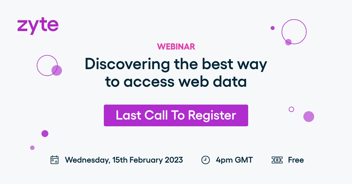 The 2nd episode of our webinar series is happening tomorrow! 

Our experts will guide you through the different methods that can be used to extract web data, so you can decide which works best for you. 

Last call to sign up! Register now: hubs.li/Q01BWZvw0